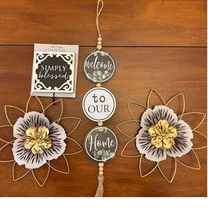 Greenbrier Farmhouse Wall‎ Decor Set 4pc Gold Metal Flowers Welcome Sign Hook EX